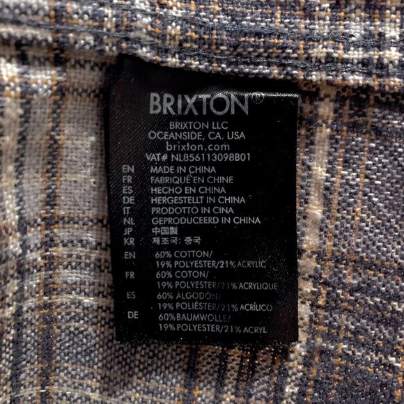 Brixton Bowery Plaid Flannel Long Sleeve Button Up Blue Grey Shirt Workwear - Picture 8 of 12